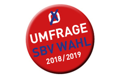 Roter Button mit angekreuztem Kästchen und dem Wortlaut: Umfrage SBV Wahl 2018/2019